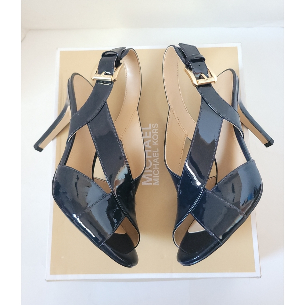 New! MICHAEL KORS Women's Patent Leather Slingback Sandals Size 6 Dark Navy Blue - Picture 5 of 10